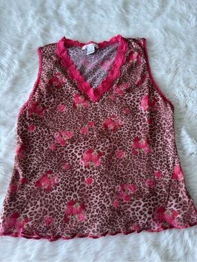 Cruz Pink Floral Leopard Lace Trim Sleeveless tank Top